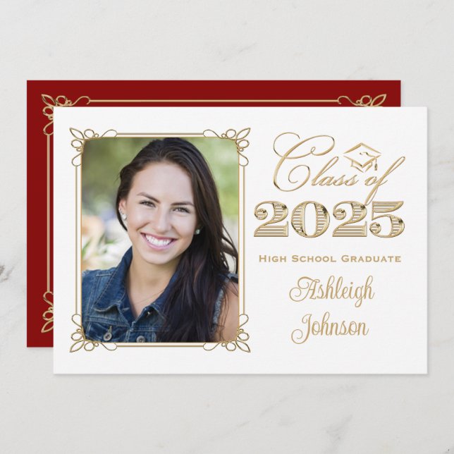 White, Gold, Red 2025 Photo Graduation Invite (Front/Back)