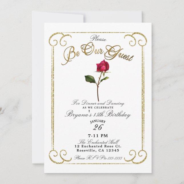 White  & Gold Red Rose Beauty Birthday Party Invitation (Front)