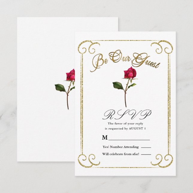 White & Gold Red Rose Beauty Wedding RSVP Reply  Invitation (Front/Back)