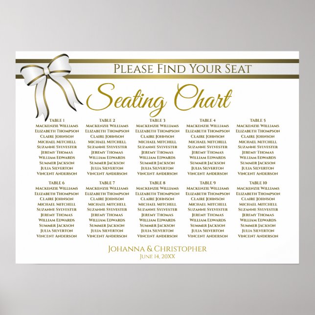 White & Gold Ribbon 10 Table Wedding Seating Chart (Front)