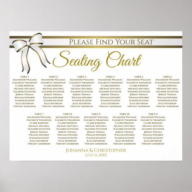 White & Gold Ribbon 11 Table Wedding Seating Chart (Front)