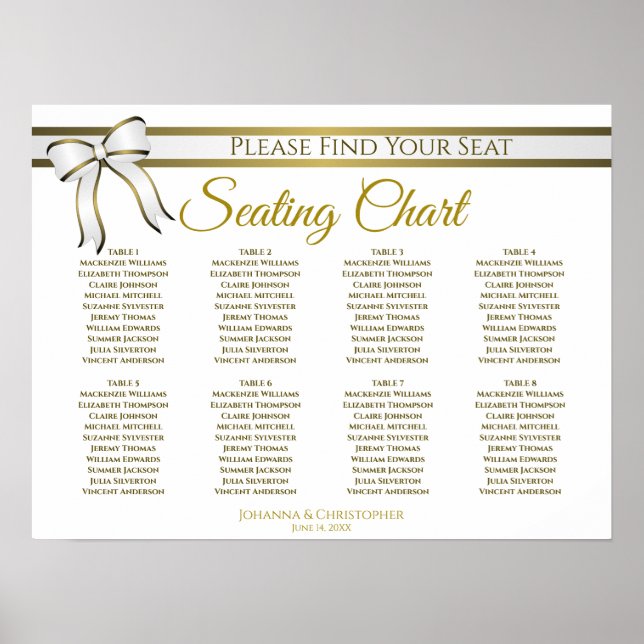 White & Gold Ribbon 8 Table Wedding Seating Chart (Front)