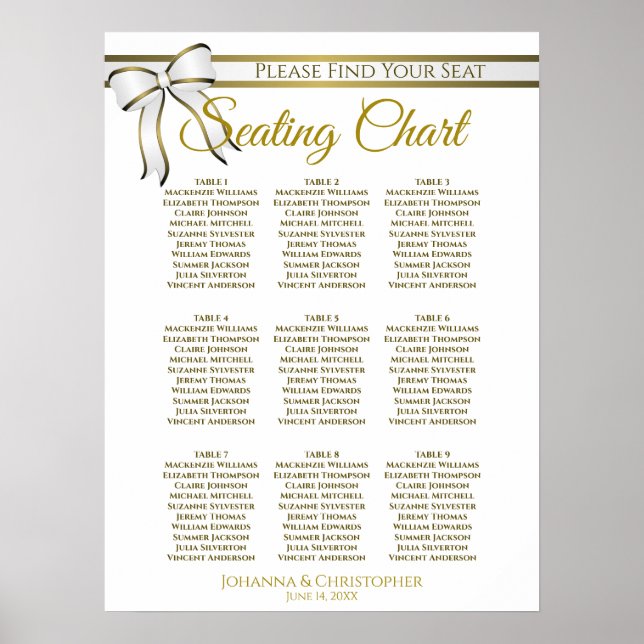 White & Gold Ribbon 9 Table Wedding Seating Chart (Front)
