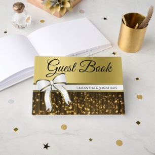 White & Gold Ribbon & Bow Faux Foil Wedding Guest Book