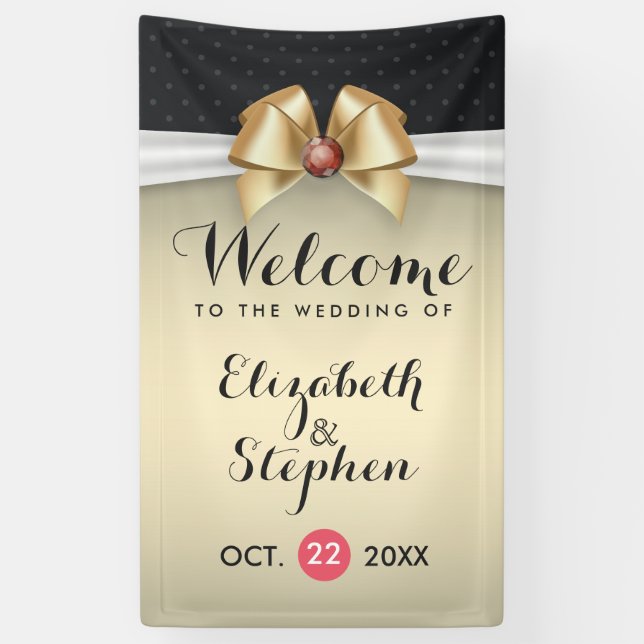 White Gold Ribbon Red Diamond Wedding Banner (Vertical)