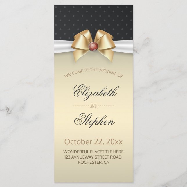 White & Gold Ribbon Red Diamond Wedding Program Programme (Front)