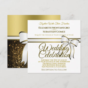 White & Gold Ribbon Square Wedding Invitation