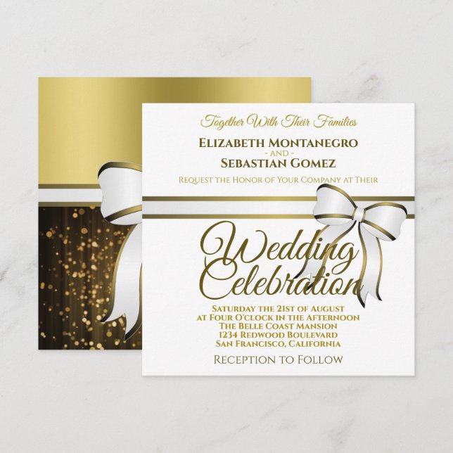 White & Gold Ribbon Square Wedding Invitation (Front/Back)