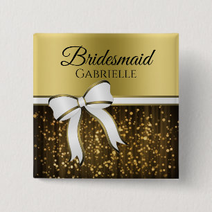 White & Gold Ribbon Wedding Bridesmaid Name Tag 15 Cm Square Badge