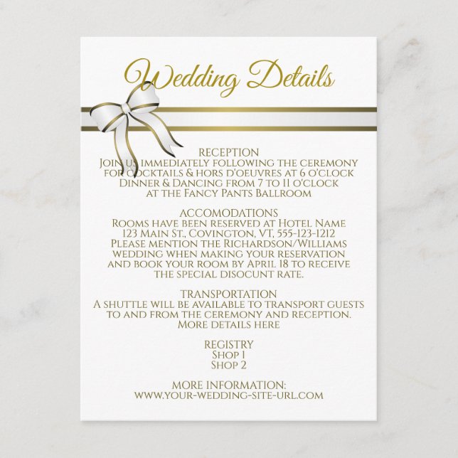 White & Gold Ribbon Wedding Details Enclosure Card (Front)