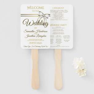 White & Gold Ribbon Wedding Fans with Program