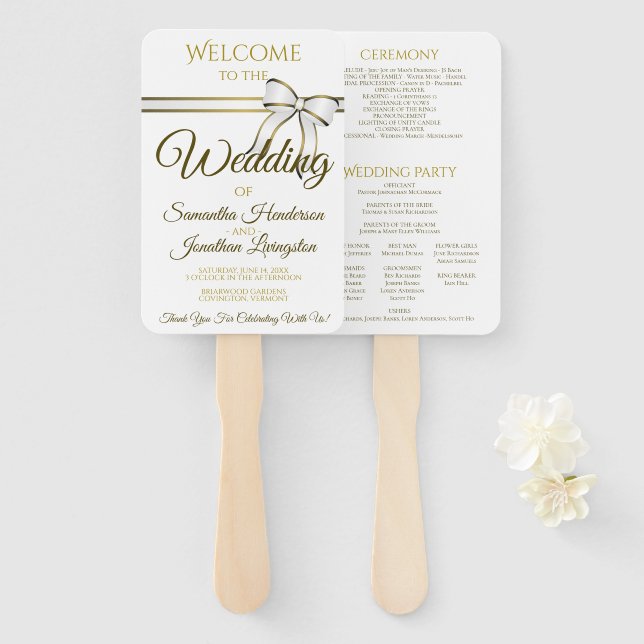 White & Gold Ribbon Wedding Fans with Program (Front and Back)