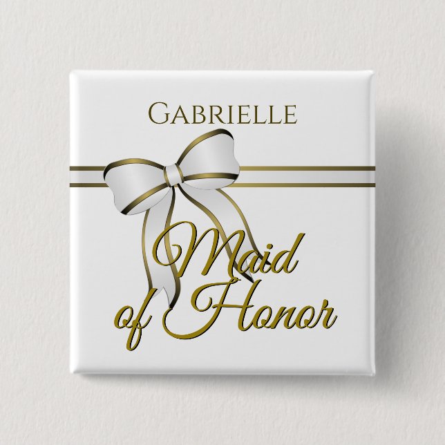 White & Gold Ribbon Wedding Maid of Honour Name Ta 15 Cm Square Badge (Front)