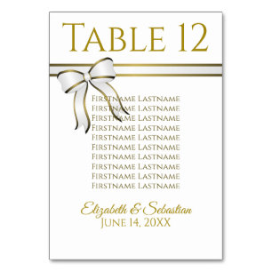 White & Gold Ribbon Wedding Seating Chart Table Number