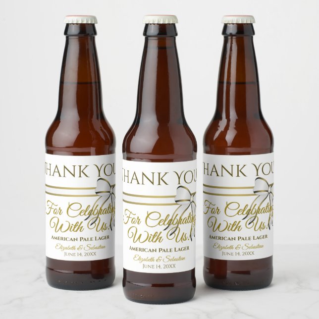 White & Gold Ribbon Wedding Thank You Beer Bottle Label (Bottles)