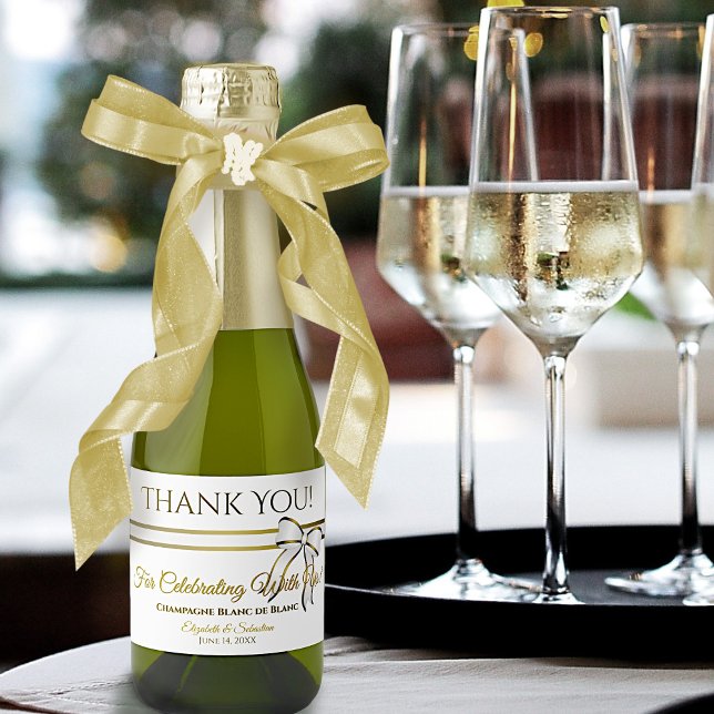White & Gold Ribbon Wedding Thank You Mini Sparkling Wine Label (Creator Uploaded)