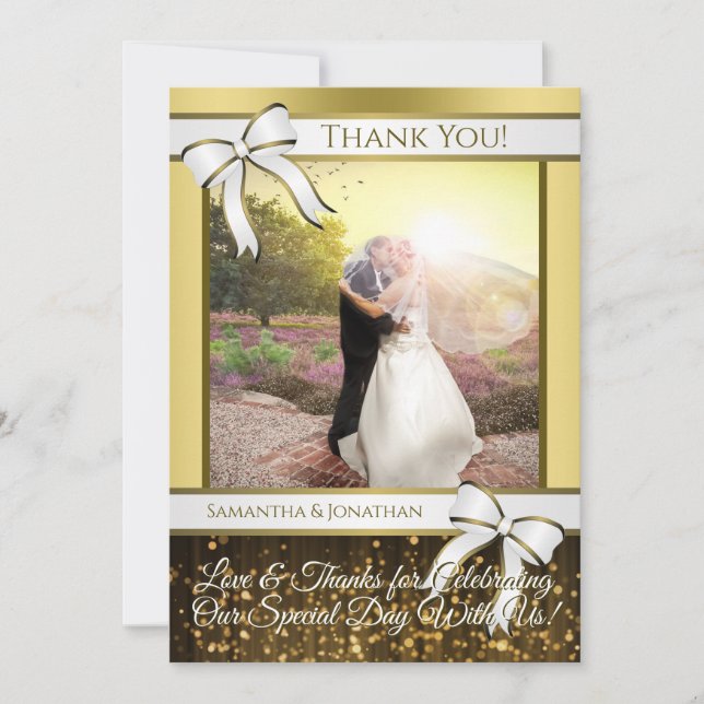 White & Gold Ribbon Wedding Thank You Photo Card (Front)