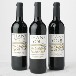 White & Gold Ribbon Wedding Thank You Wine Label