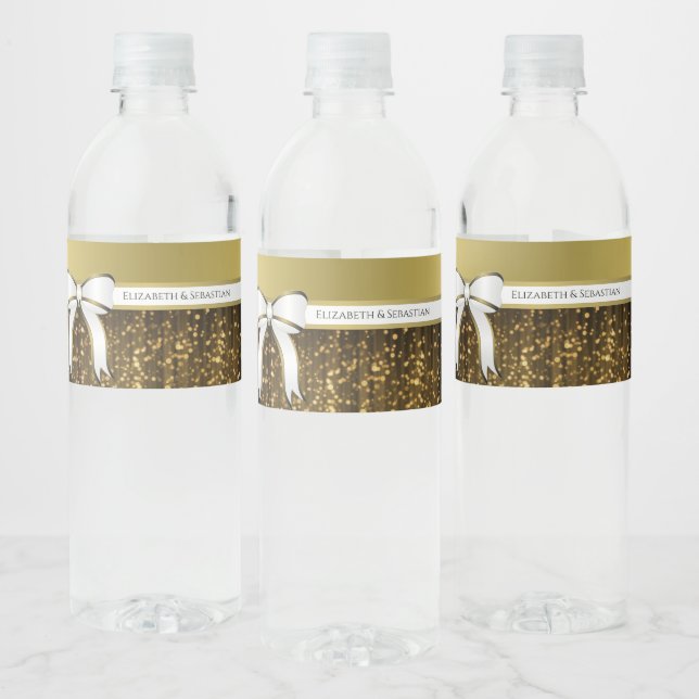 White & Gold Ribbon Wedding Water Bottle Label (Bottles)