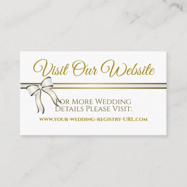 White & Gold Ribbon Wedding Website Enclosure Card (Front)