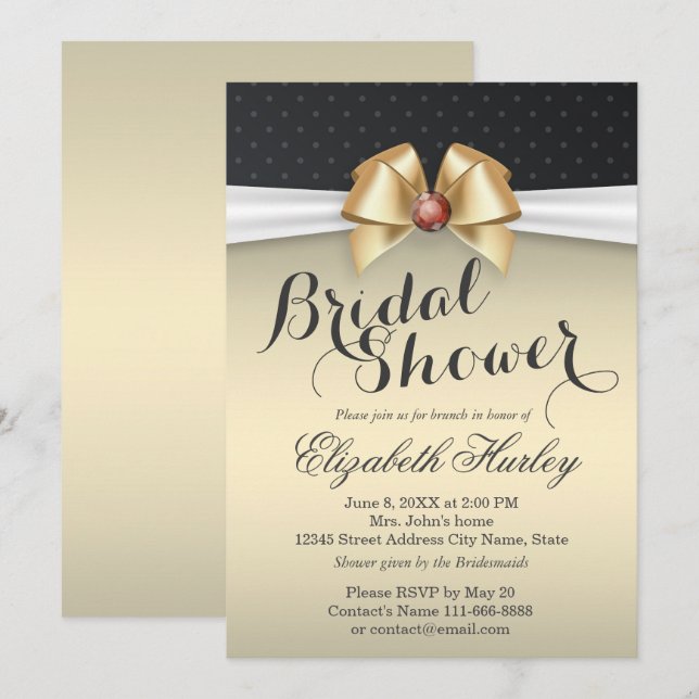 White & Gold Ribbon with Red Diamond Bridal Shower Invitation (Front/Back)