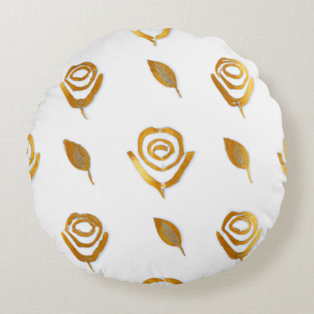 White & Gold Rose Floral Pattern Round Cushion (Front)