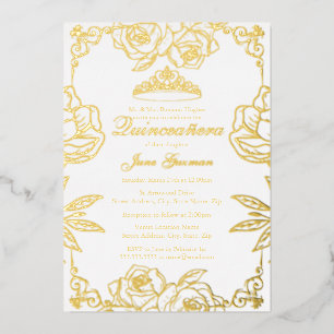 White Gold Rose Garden Quinceanera Foil Invitation