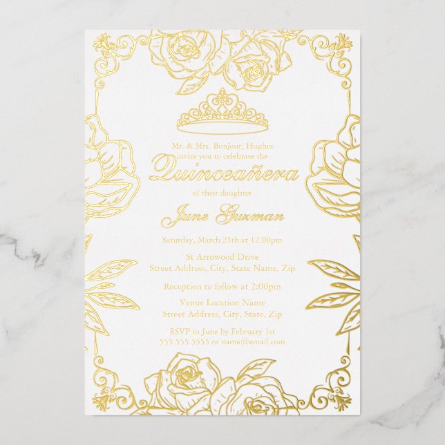 White Gold Rose Garden Quinceanera Foil Invitation (Front)