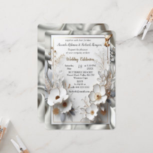 White Gold Roses, Champagne Silk & Butterflies Invitation