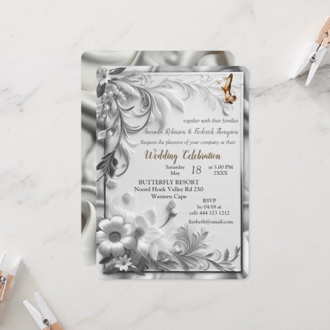 White Gold Roses, Champagne Silk & Butterflies Invitation (Front/Back In Situ)