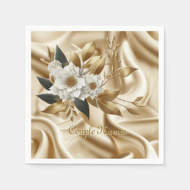 White Gold Roses, Champagne Silk & Butterflies Napkin (Front)