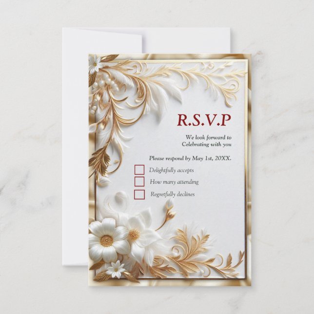 White Gold Roses, Champagne Silk & Butterflies RSVP Card (Front)