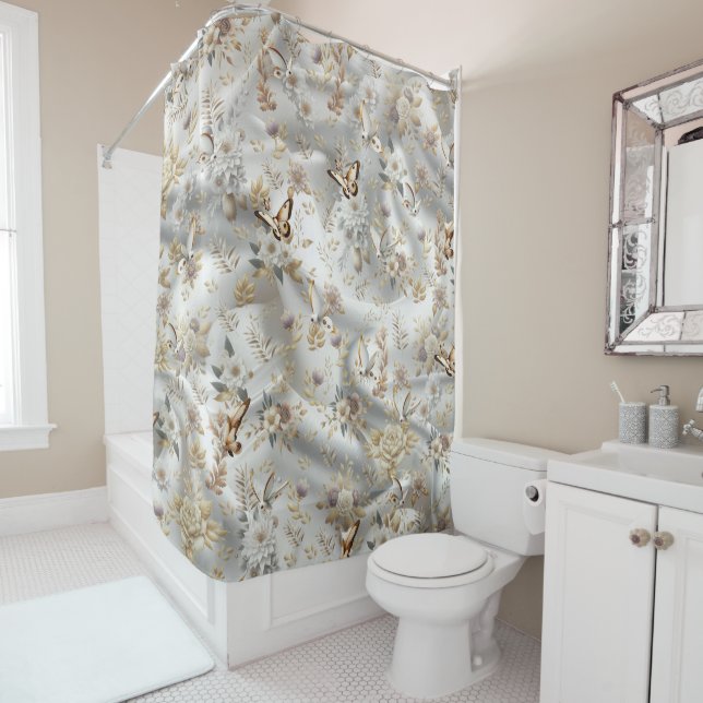 White Gold Roses, Champagne Silk & Butterflies Shower Curtain (In Situ)