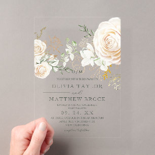 White Gold Roses Garden Wedding Acrylic Invitations