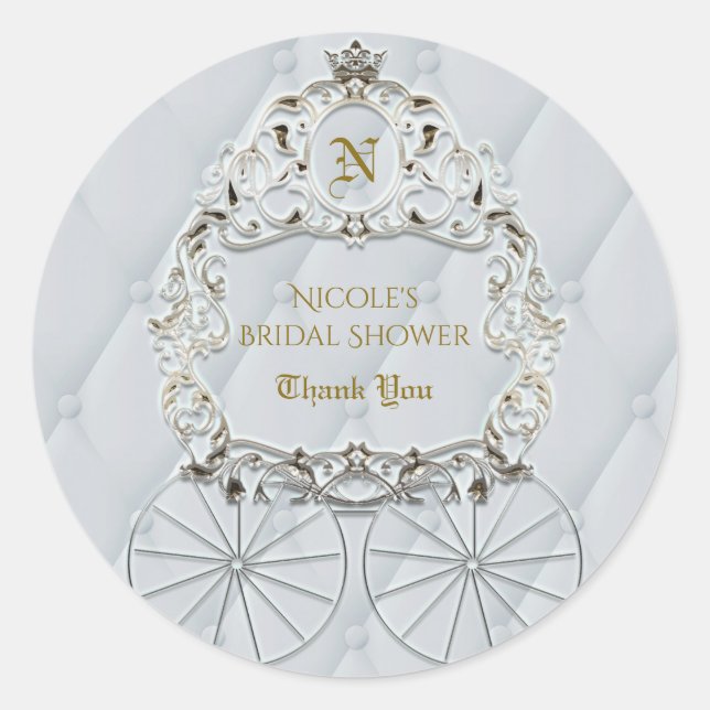 White & Gold Royal Crown Carriage Cinderella Favou Classic Round Sticker (Front)