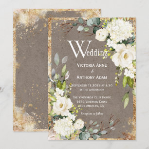 White Gold Rustic Floral Brown Wedding Invitation