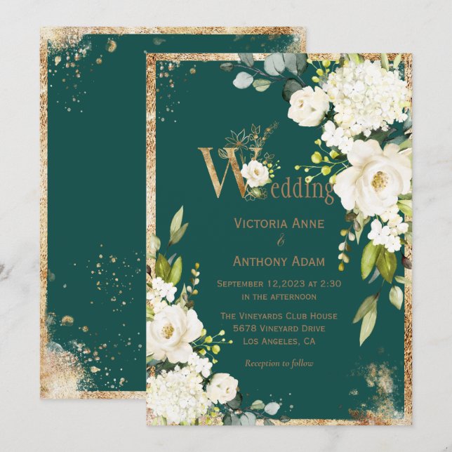 White Gold Rustic Floral Green Wedding Invitation (Front/Back)