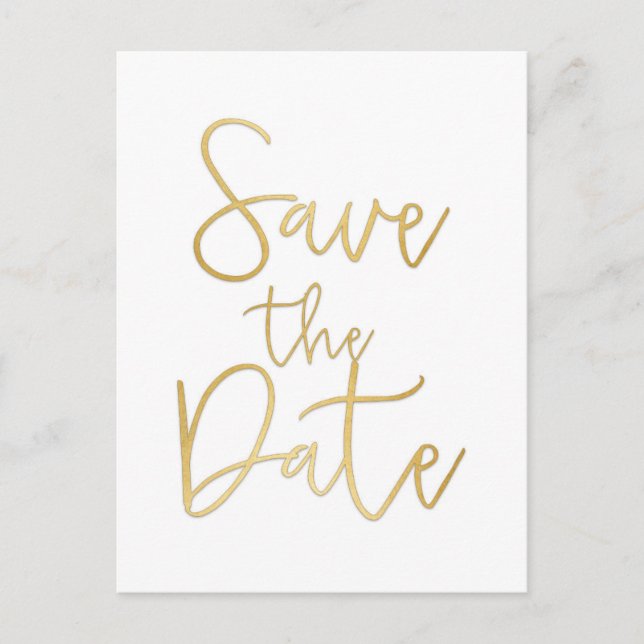White & Gold SAVE THE DATE Modern Script Postcard (Front)