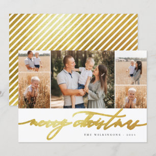 White Gold Script 5 Photo Collage Merry Christmas Holiday Card