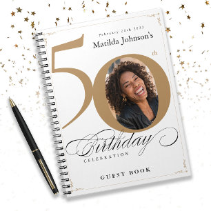 White Gold Script Elegant 50th Birthday Guestbook  Notebook