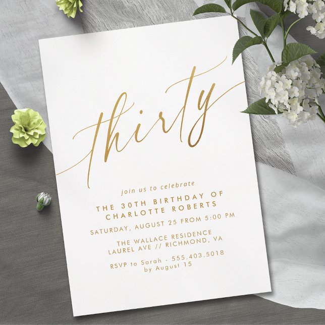 White & Gold Script | Simple Elegant 30th Birthday Invitation (Creator Uploaded)