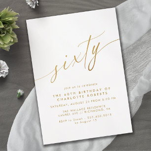 White & Gold Script Simple Elegant 60th Birthday Invitation