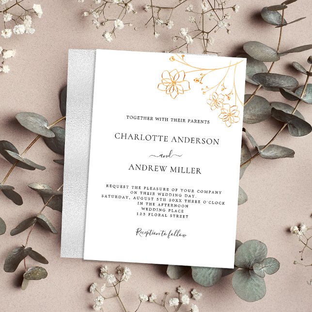White gold silver floral elegant botanical wedding invitation (Creator Uploaded)