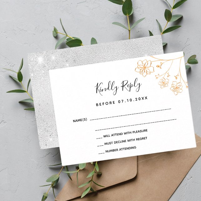 White gold silver floral elegant wedding RSVP Card (Creator Uploaded)