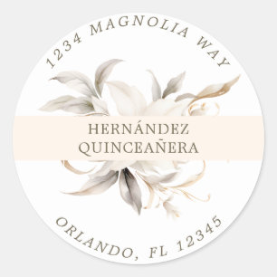 White Gold Silver Winter Florals Quinceañera Classic Round Sticker