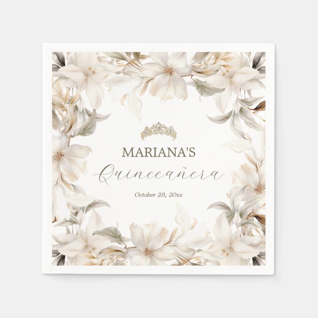 White Gold Silver Winter Florals Quinceañera Napkin (Front)
