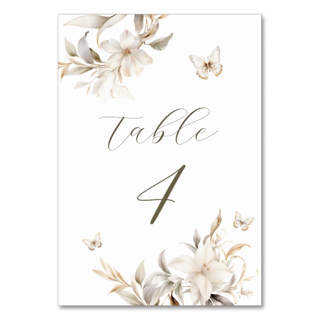White Gold Silver Winter Florals Quinceañera Table Number (Front)