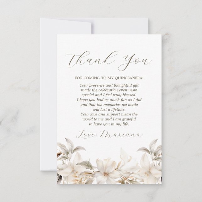 White Gold Silver Winter Florals Quinceañera Thank You Card (Front)