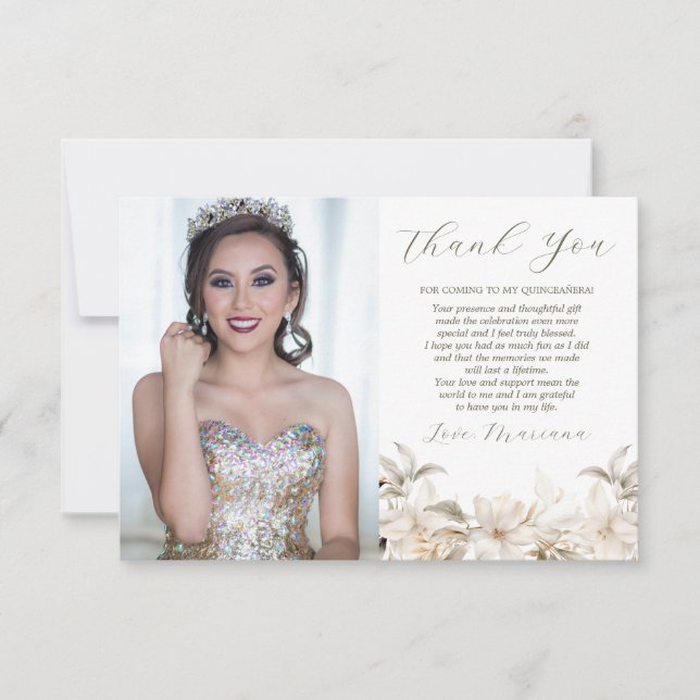 White Gold Silver Winter Photo Florals Quinceañera Thank You Card (Front)