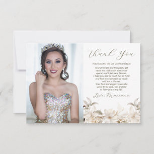 White Gold Silver Winter Photo Florals Quinceañera Thank You Card